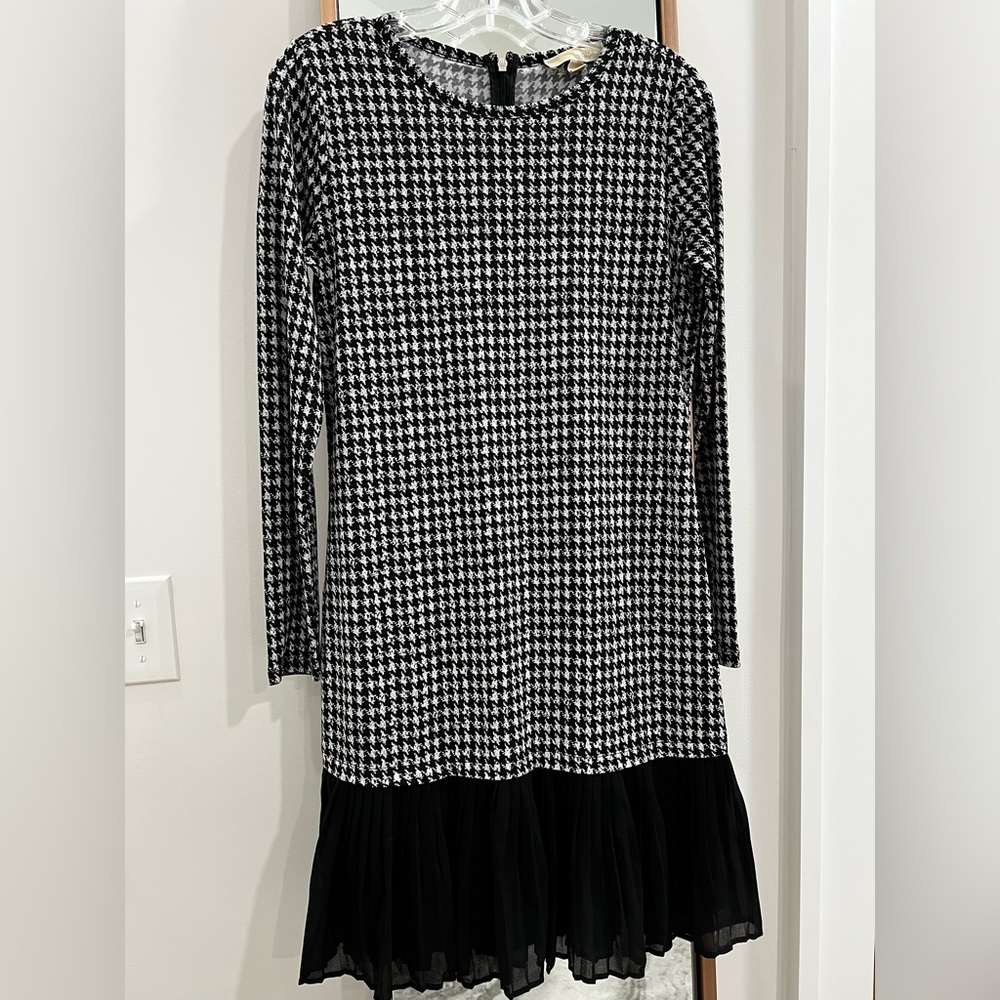 Michael Kors black and white houndstooth dress with a pleated bottom skirt